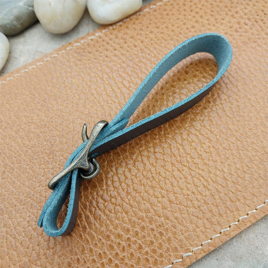 Blue Italian Leather Pocket Watch Fob Strap & Antique Brass Finish Solid Buckle