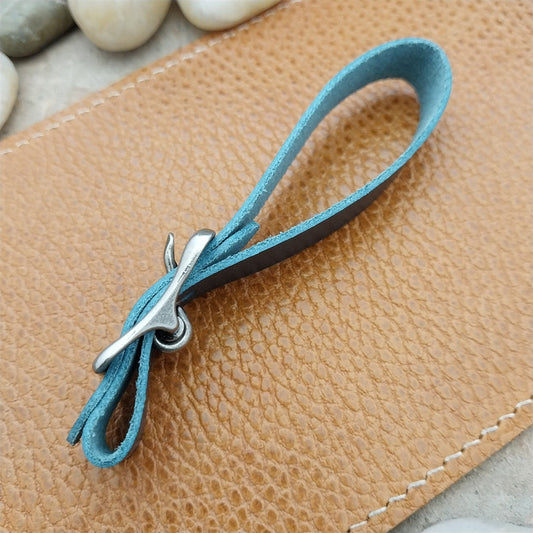 Blue Italian Leather Pocket Watch Fob Strap & Antique Nickel Finish Solid Buckle