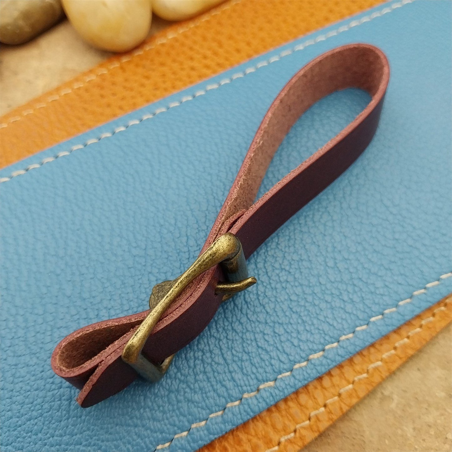 Plum Buttero Leather Vintage Pocket Watch Fob Strap & Antique Brass Cast Buckle