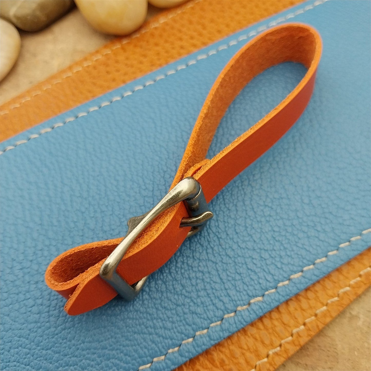 Orange Italian Leather Pocket Watch Fob Strap & Nickel Finish Solid Buckle