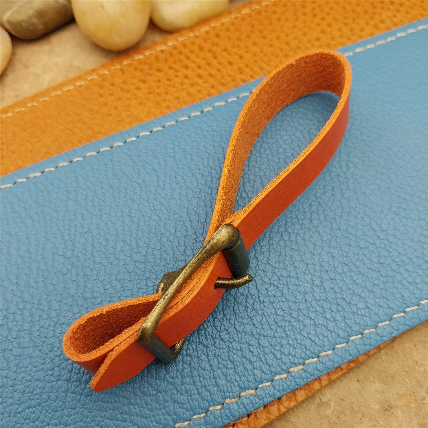 Orange Italian Leather Pocket Watch Fob Strap& Antique Brass Finish Solid Buckle