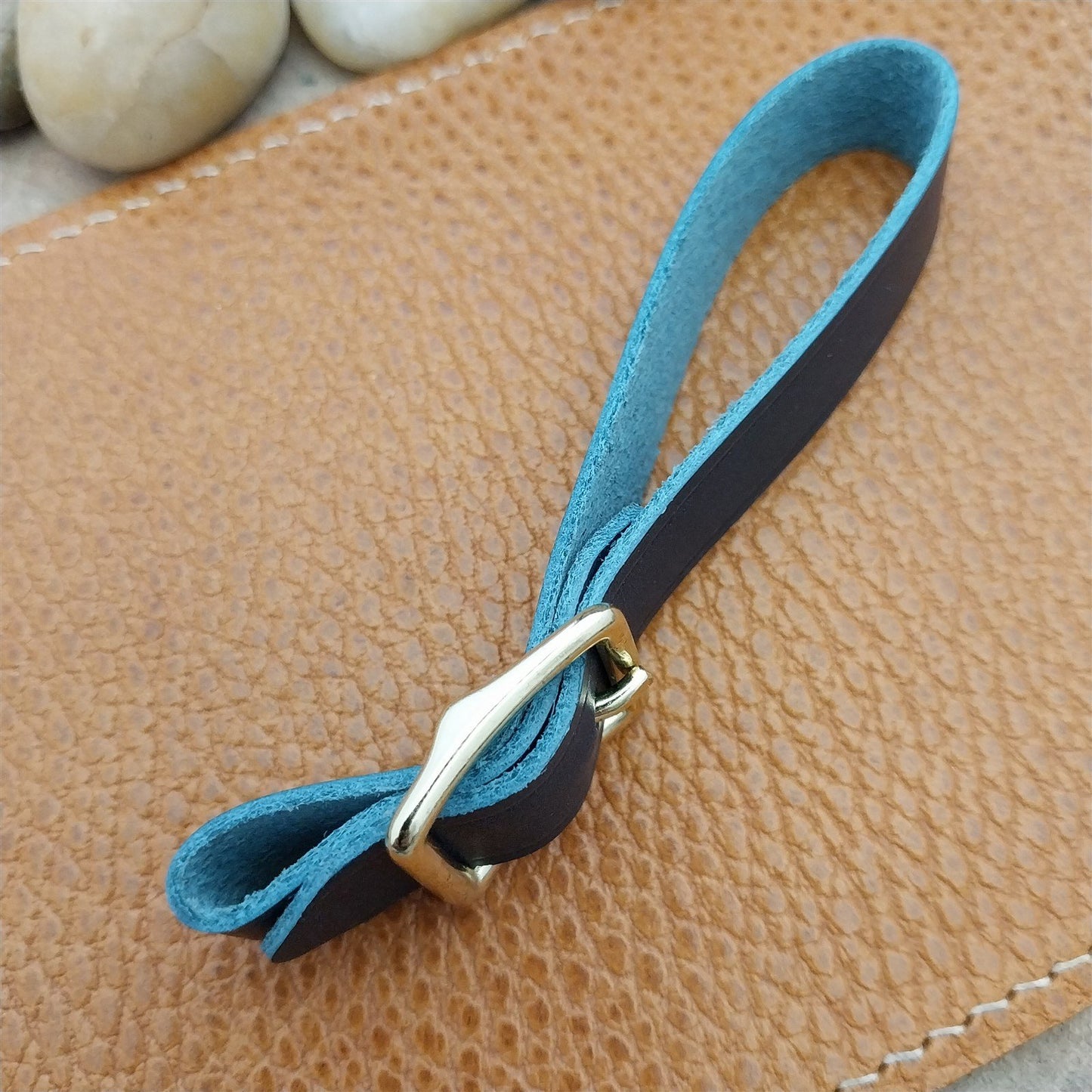 Blue Italian Leather Pocket Watch Fob Strap & Polished Brass Finish Solid Buckle