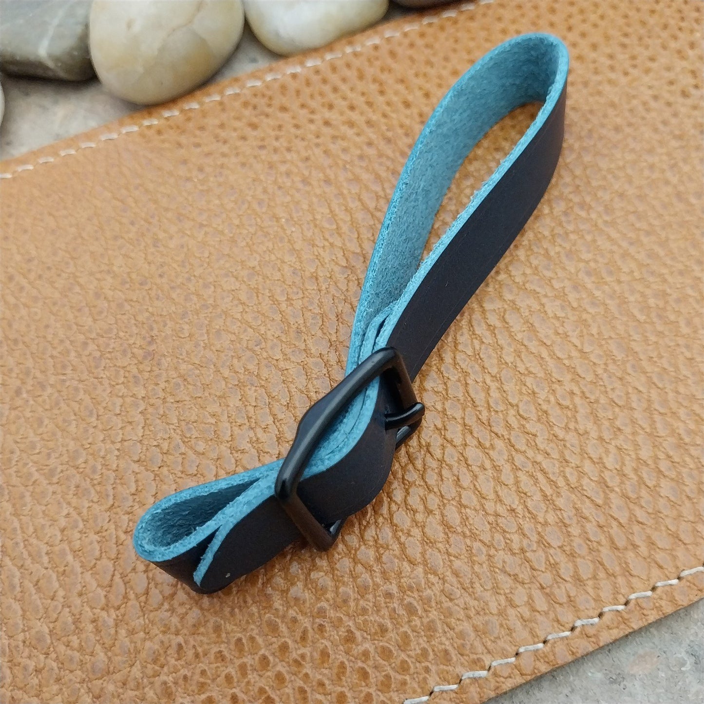 Blue Italian Leather Pocket Watch Fob Strap & Black Solid Buckle