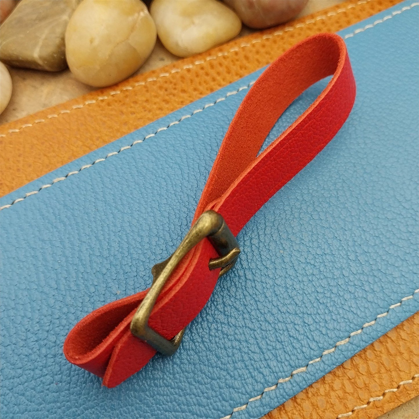 Red French Goatskin Vintage Pocket Watch Fob Strap & Antique Brass Cast Buckle