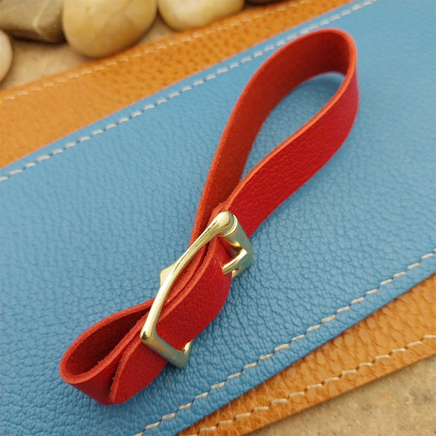 Red French Goatskin Vintage Pocket Watch Fob Strap &Polished Brass Finish Buckle