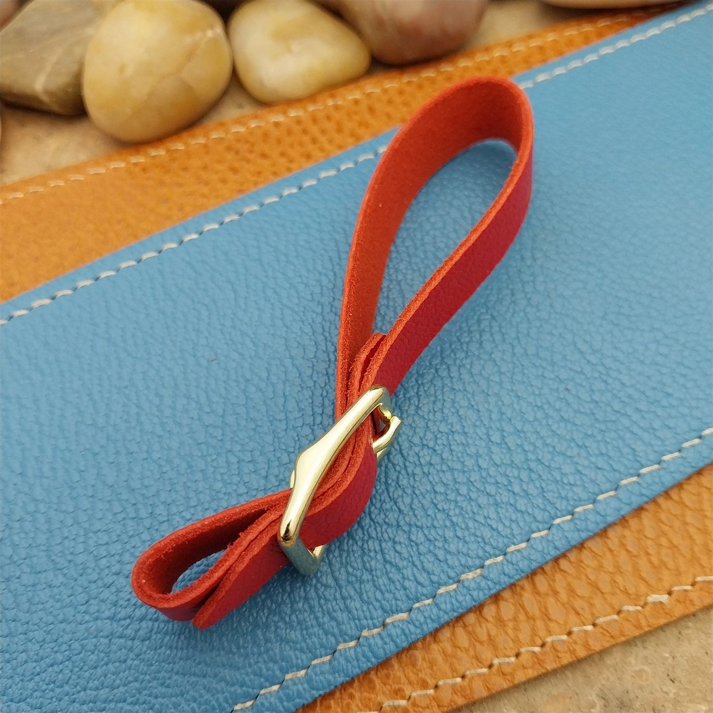 Red French Goatskin Vintage Pocket Watch Fob Strap & Polished Brass Finish Buckle