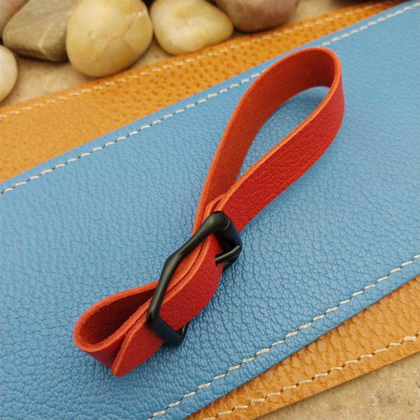 Red French Goatskin Vintage Pocket Watch Fob Strap & Cast Black Buckle