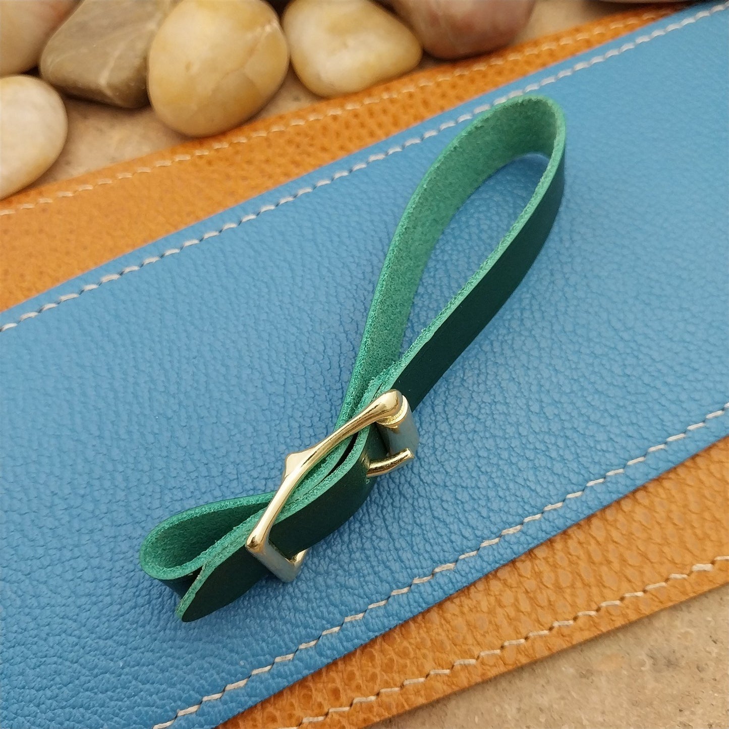 Green Italian Leather Pocket Watch Fob Strap& Polished Brass Finish Solid Buckle