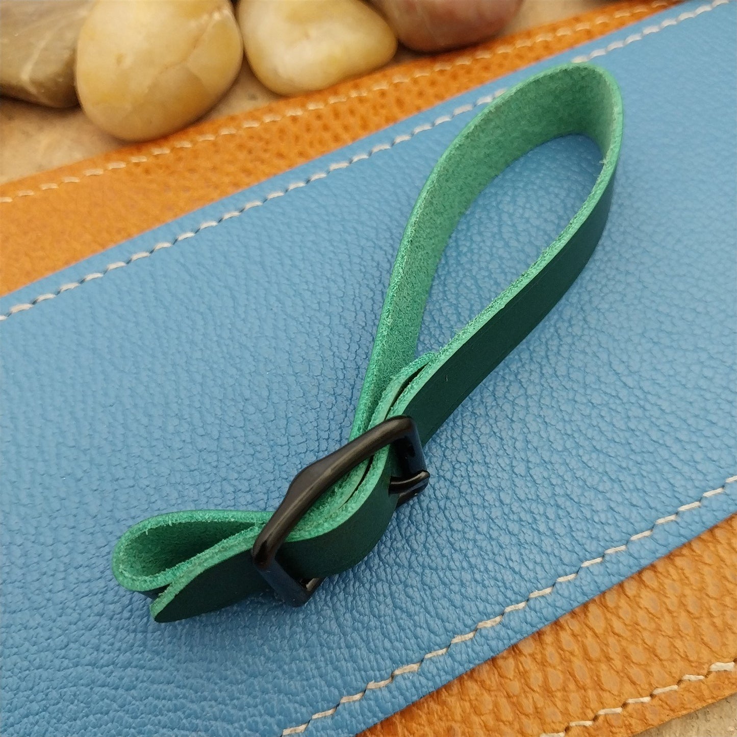 Green Italian Leather Pocket Watch Fob Strap & Cast Black Solid Buckle