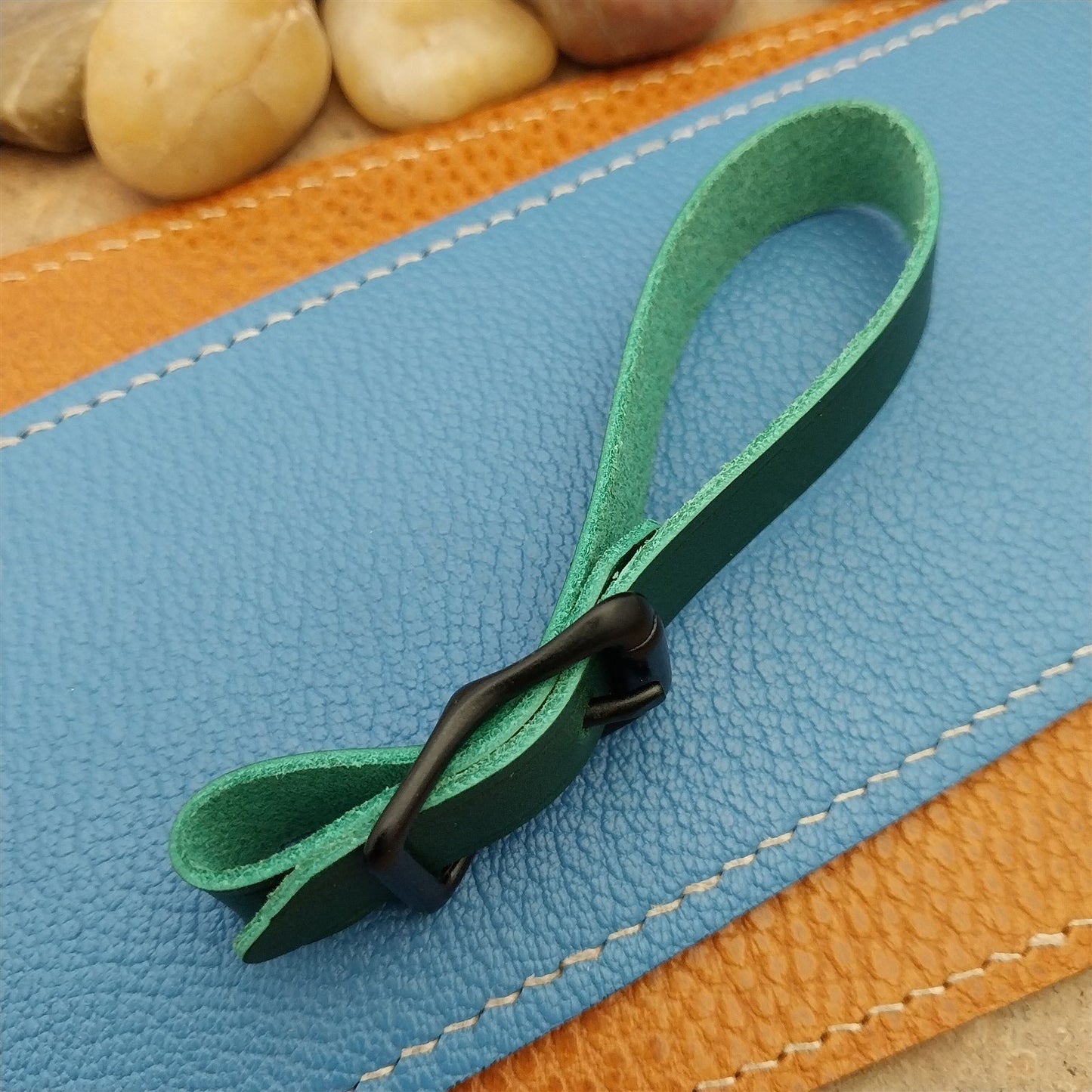 Green Italian Leather Pocket Watch Fob Strap & Cast Black Solid Buckle