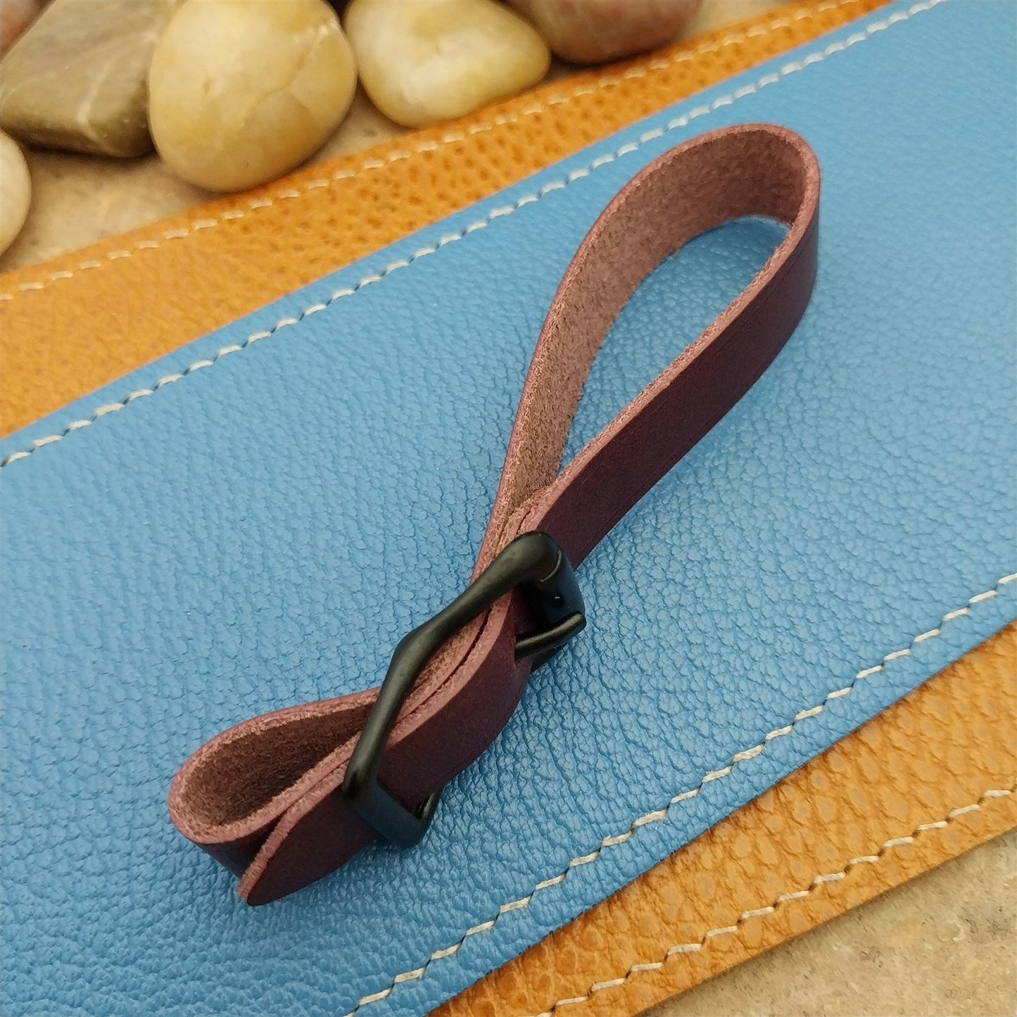 Plum Buttero Leather Vintage Pocket Watch Fob Strap & Solid Black Buckle