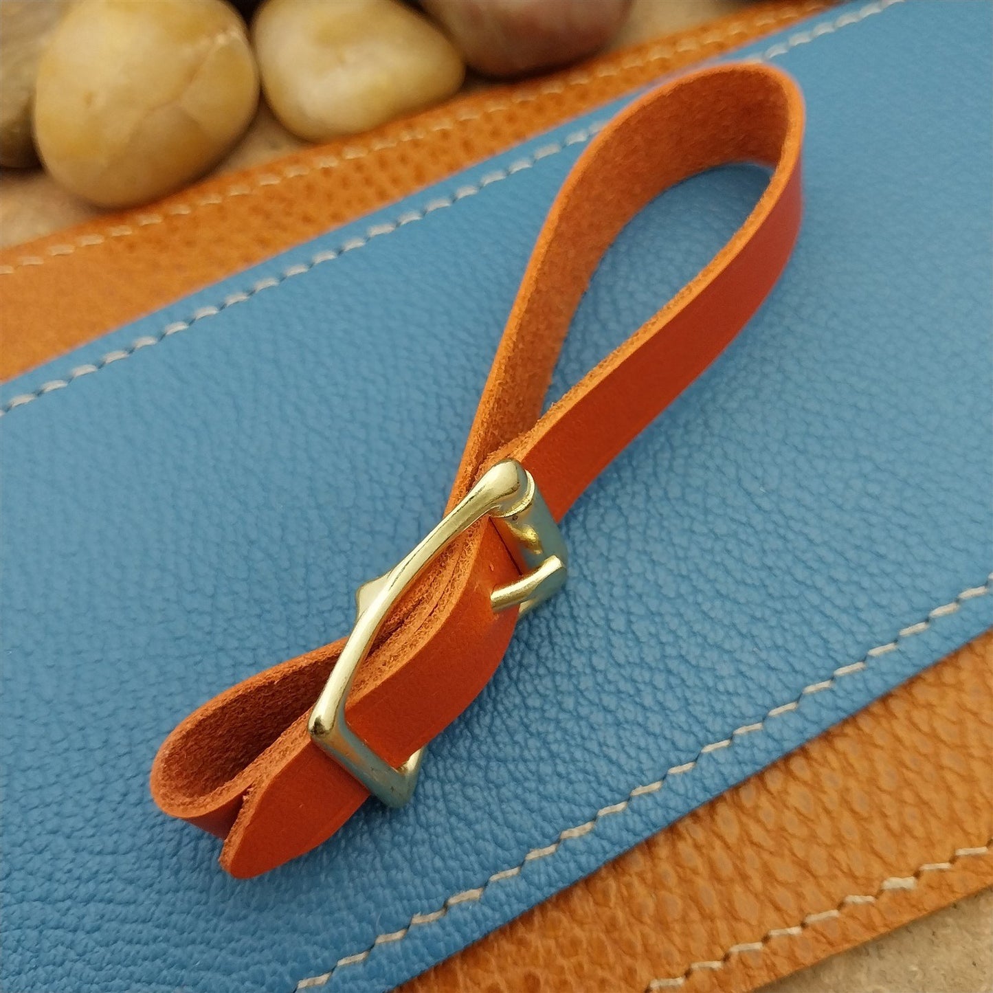 Orange Italian Leather Pocket Watch Fob Strap&Polished Brass Finish Solid Buckle