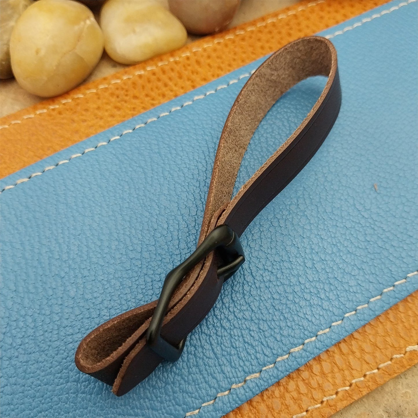 English Bridle Leather Vintage Pocket Watch Fob Strap & Cast Black Buckle