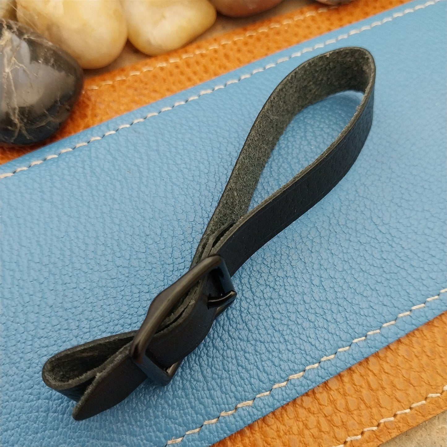 Black Grain Saddle Leather Pocket Watch Fob Strap & Black Solid Buckle