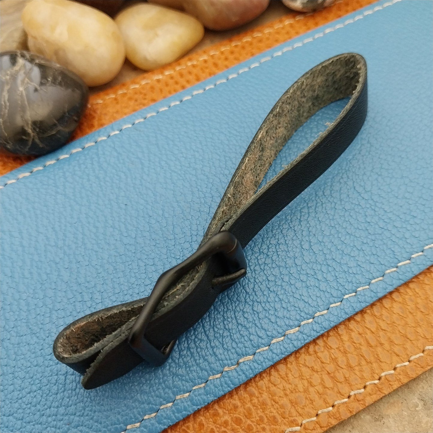 Black Saddle Leather Vintage Pocket Watch Fob Strap & Black Solid Buckle