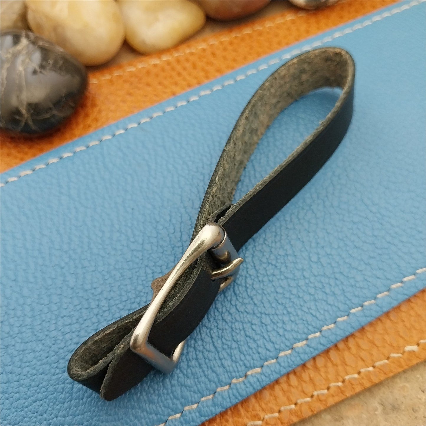 Black Saddle Leather Vintage Pocket Watch Fob Strap & Nickel Finish Solid Buckle