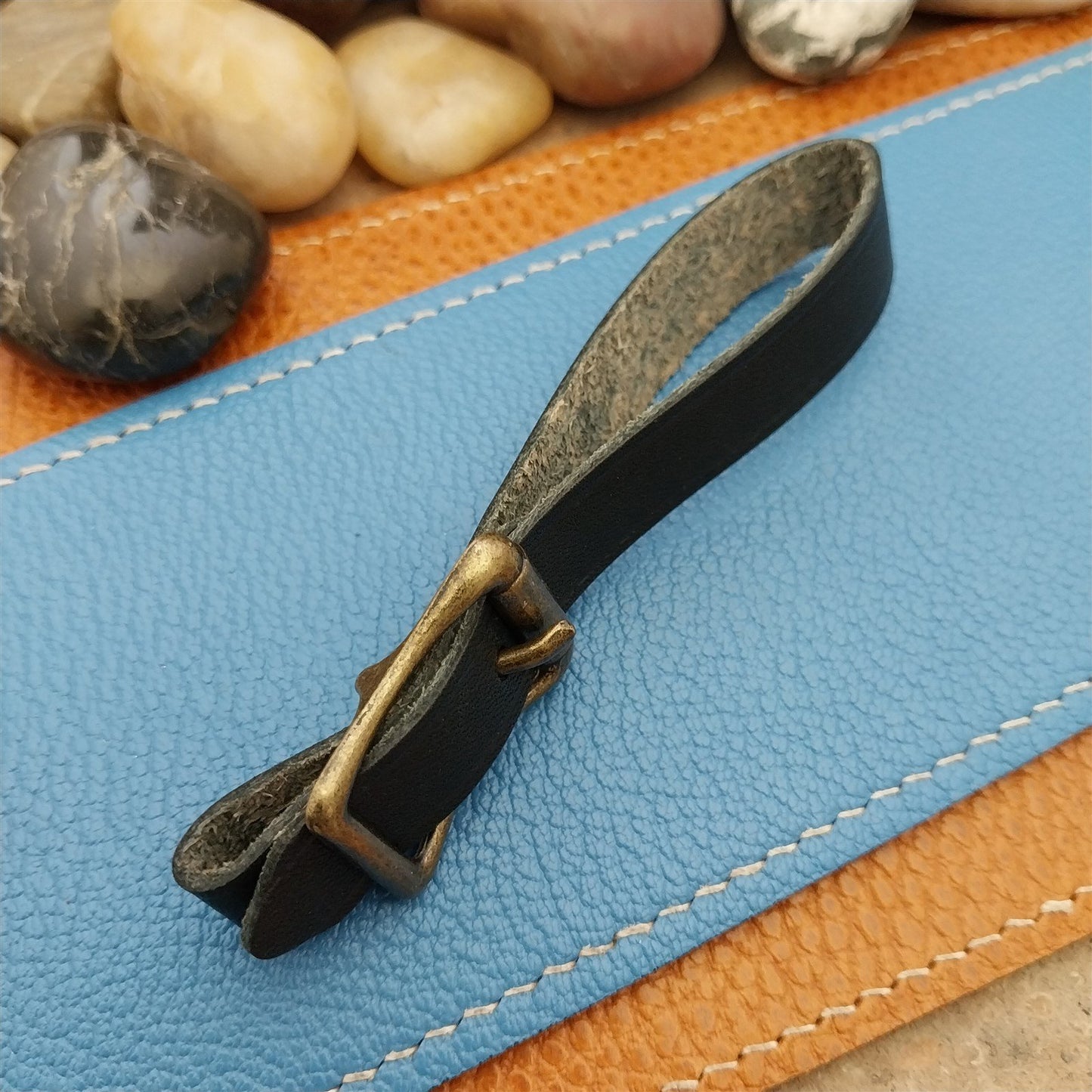 Black Leather Vintage Pocket Watch Fob Strap & Antique Brass Finish Solid Buckle