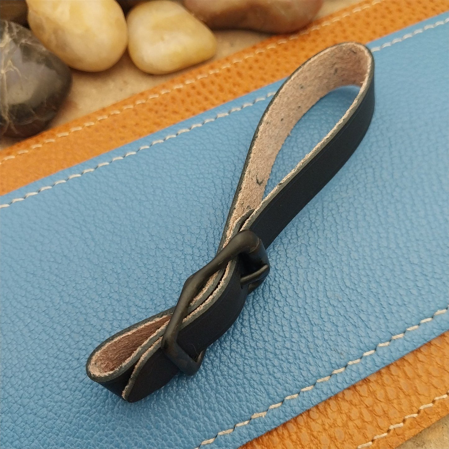 English Bridle Leather Vintage Pocket Watch Fob Strap & Cast Black Buckle