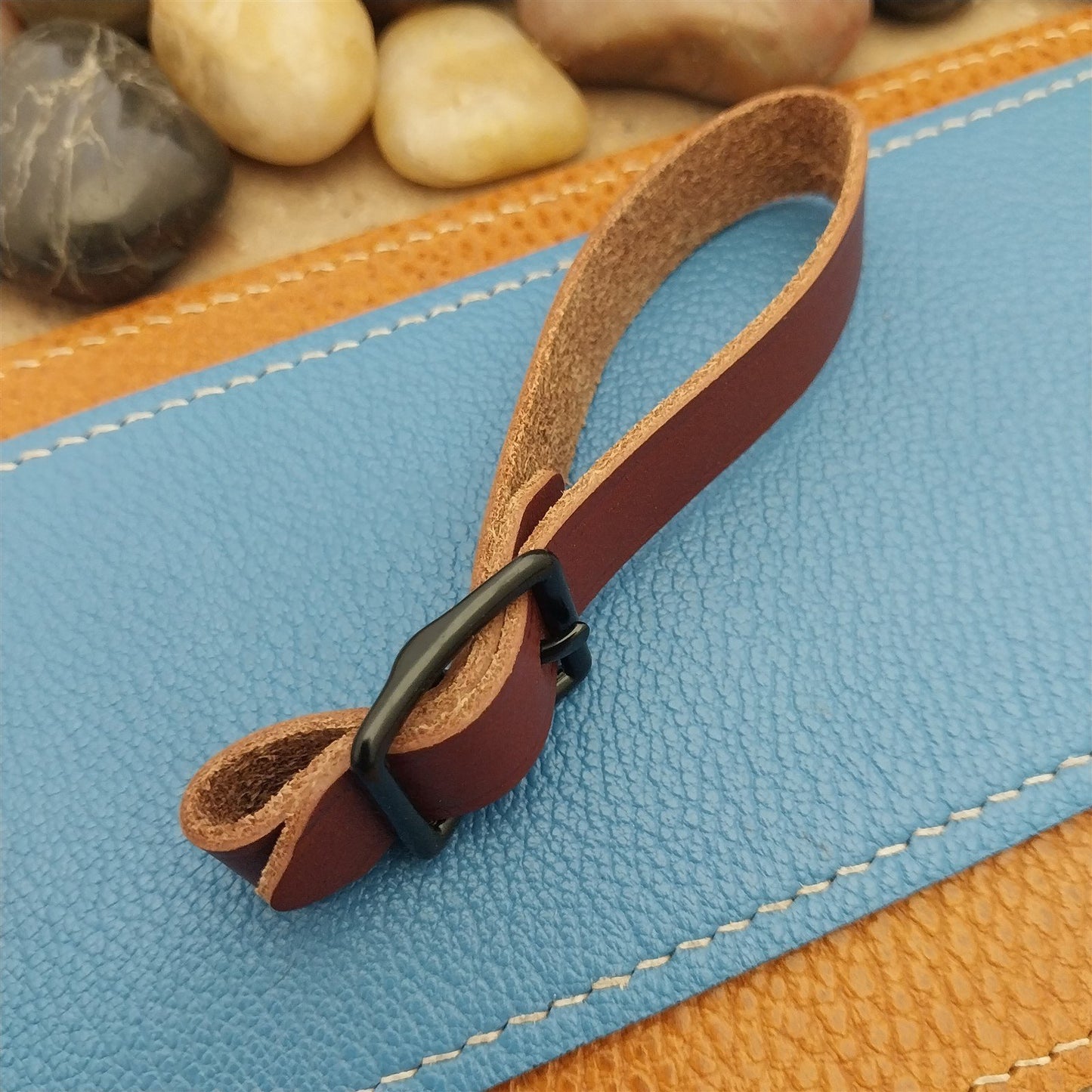 English Bridle Leather Vintage Pocket Watch Fob Strap & Cast Black Buckle