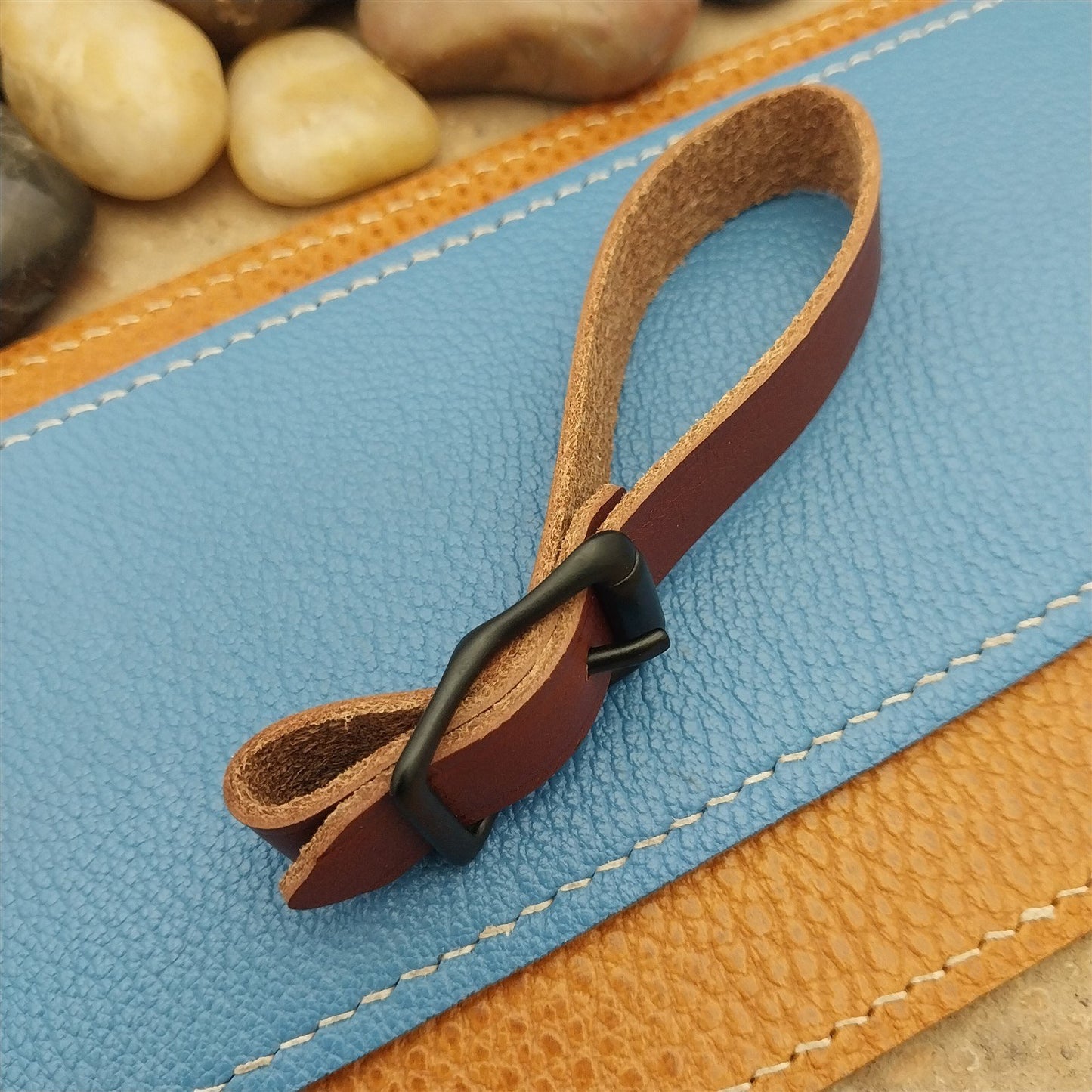 English Bridle Leather Vintage Pocket Watch Fob Strap & Cast Black Buckle