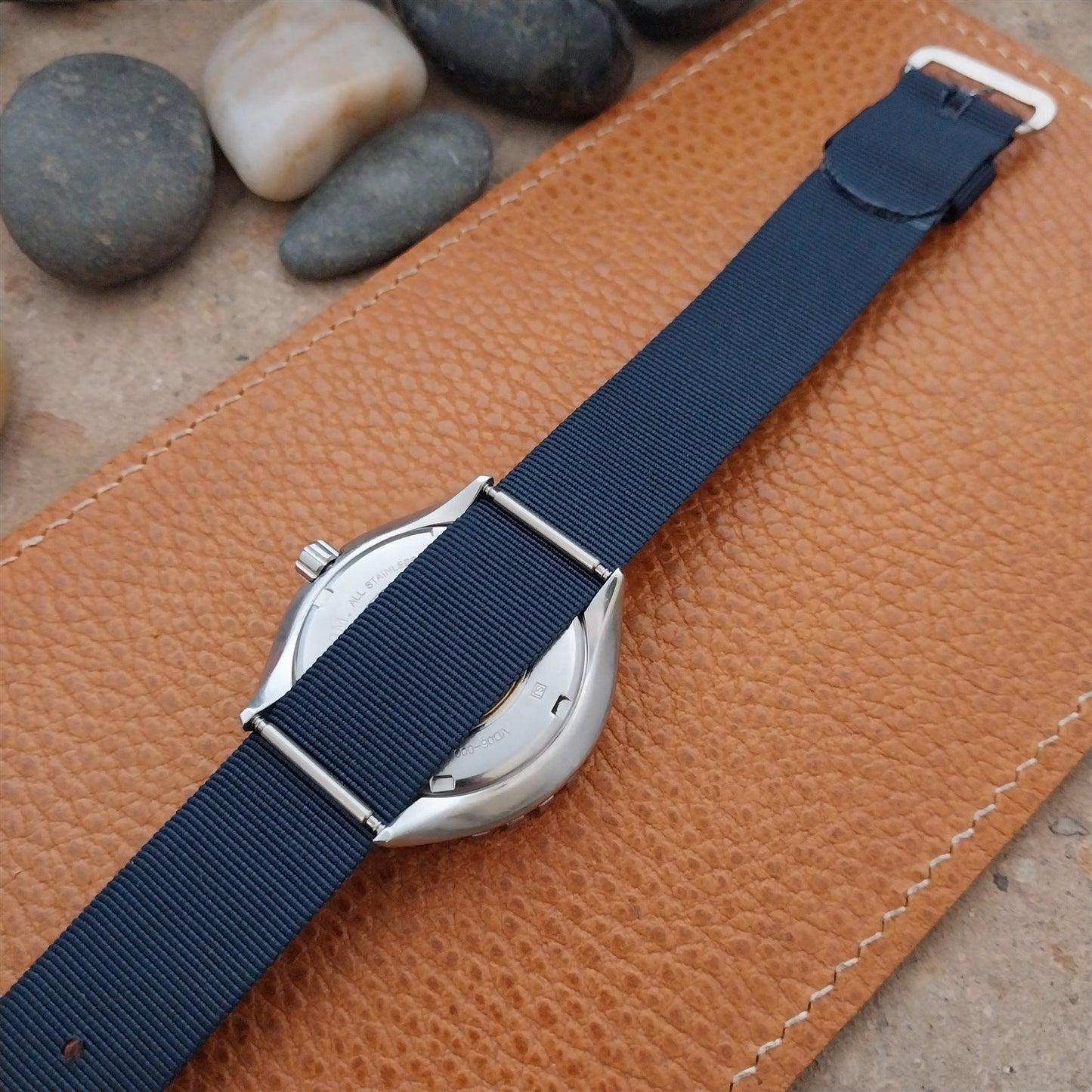 18mm Blue Nylon Single Pass 1960s Unused Vintage Watch Band & Silver-Tone Buckle