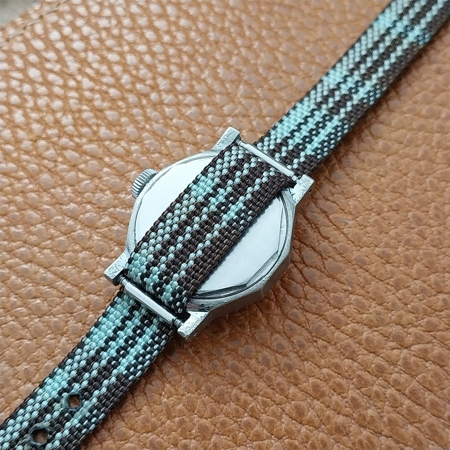 Vintage 10mm Ladies Madras Plaid Blue & Brown 1960s Single Pass Watch Band