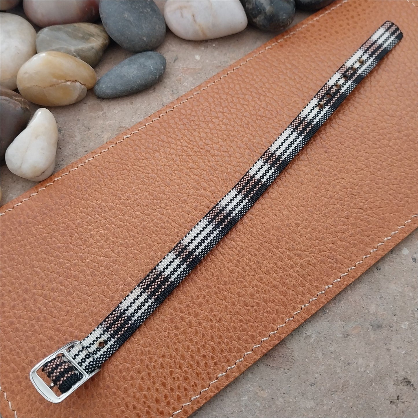 Vintage 10mm Ladies Madras Plaid Pink Black White 1960s Single Pass Watch Band