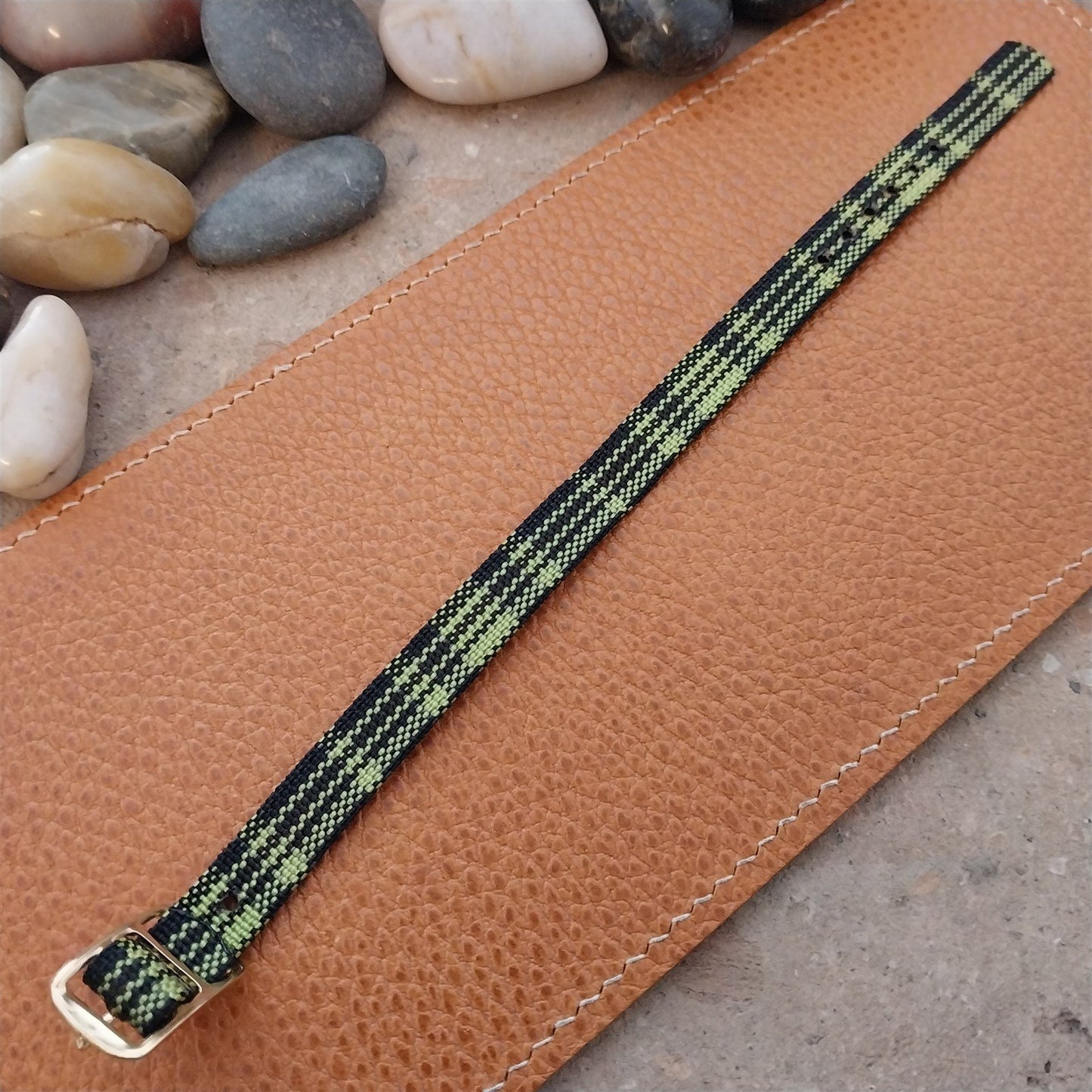 Vintage 10mm Ladies Madras Plaid Green & Black 1960s Single Pass Watch Band