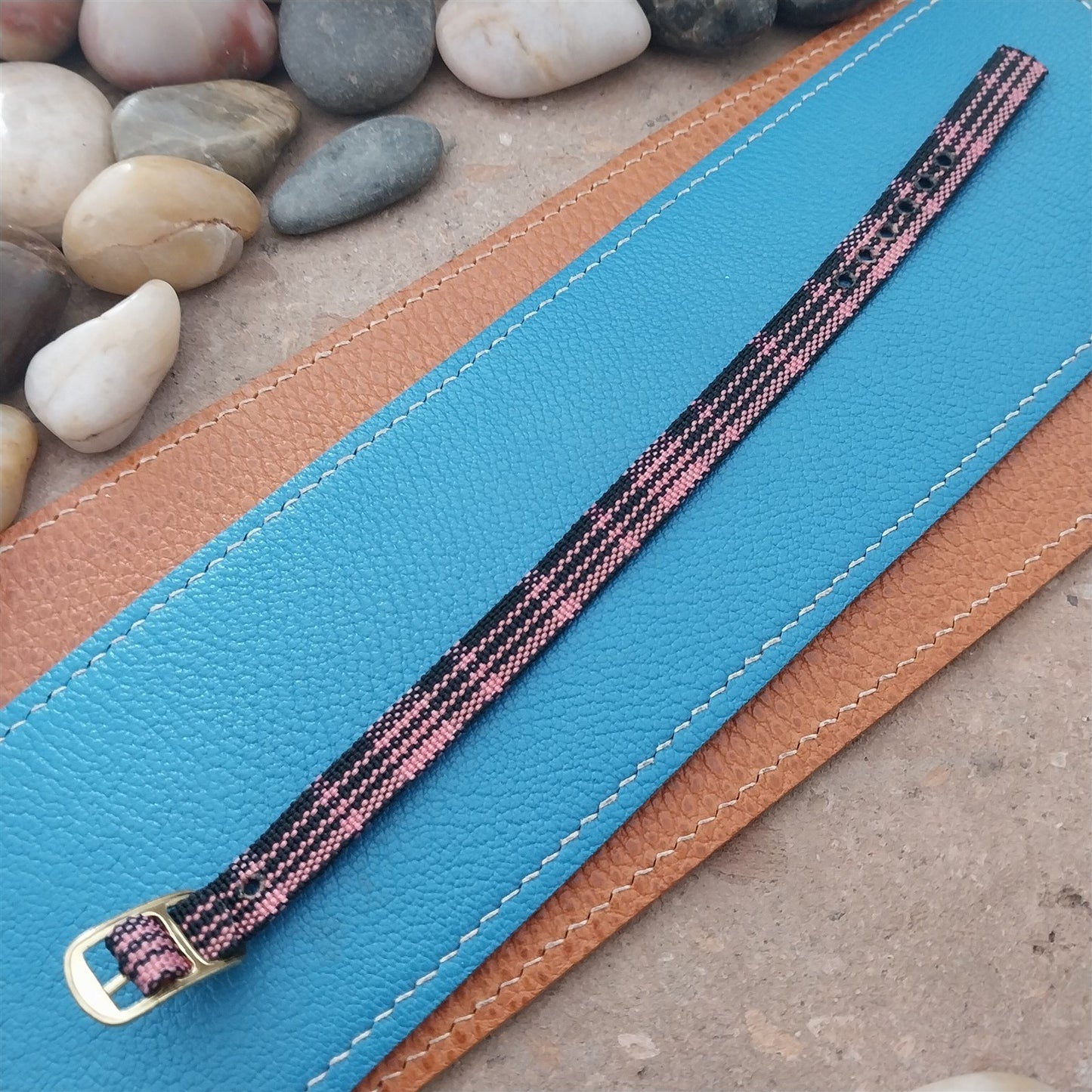 Vintage 10mm Ladies Madras Plaid Pink & Black 1960s Single Pass Watch Band
