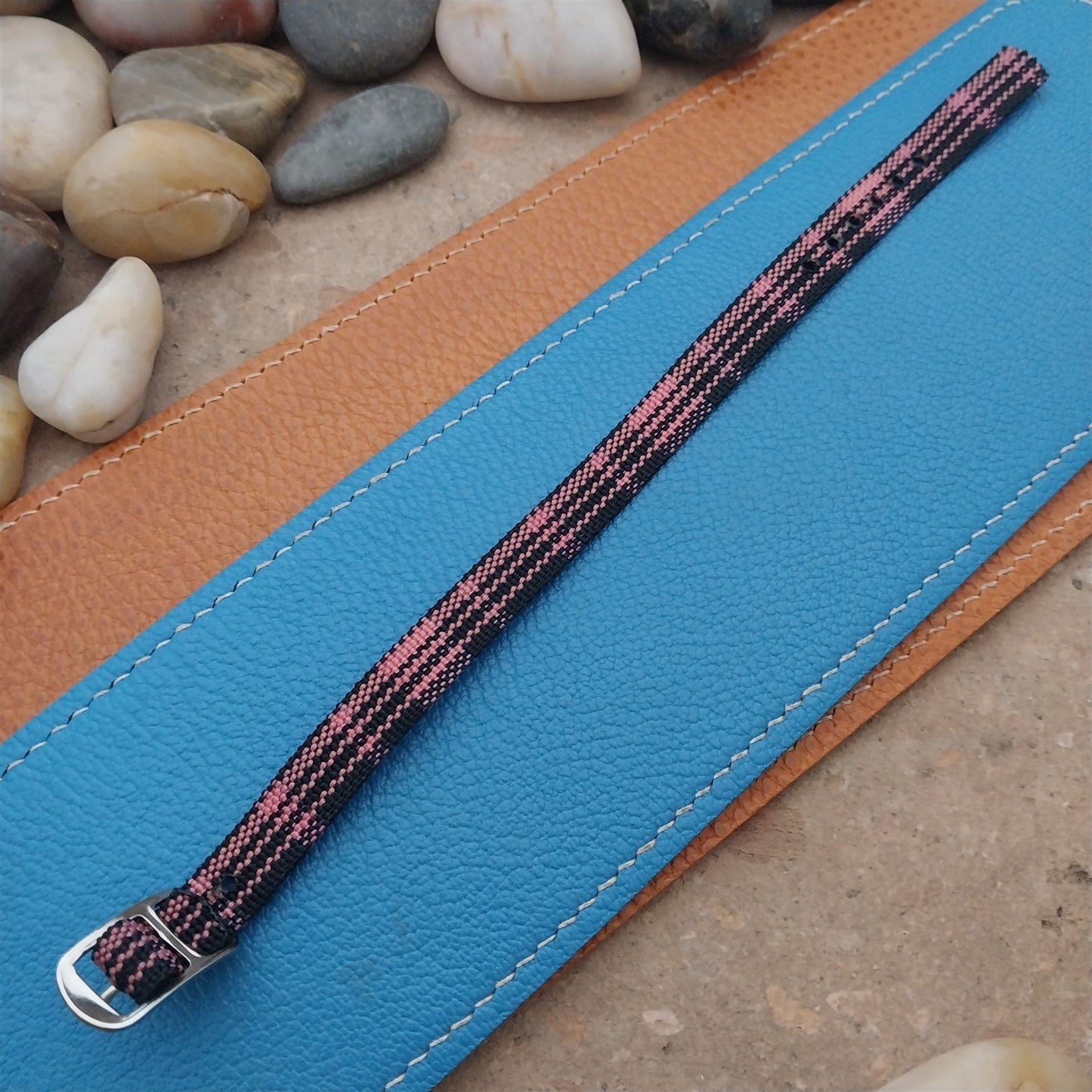 Vintage 10mm Ladies Madras Plaid Pink & Black 1960s Single Pass Watch Band