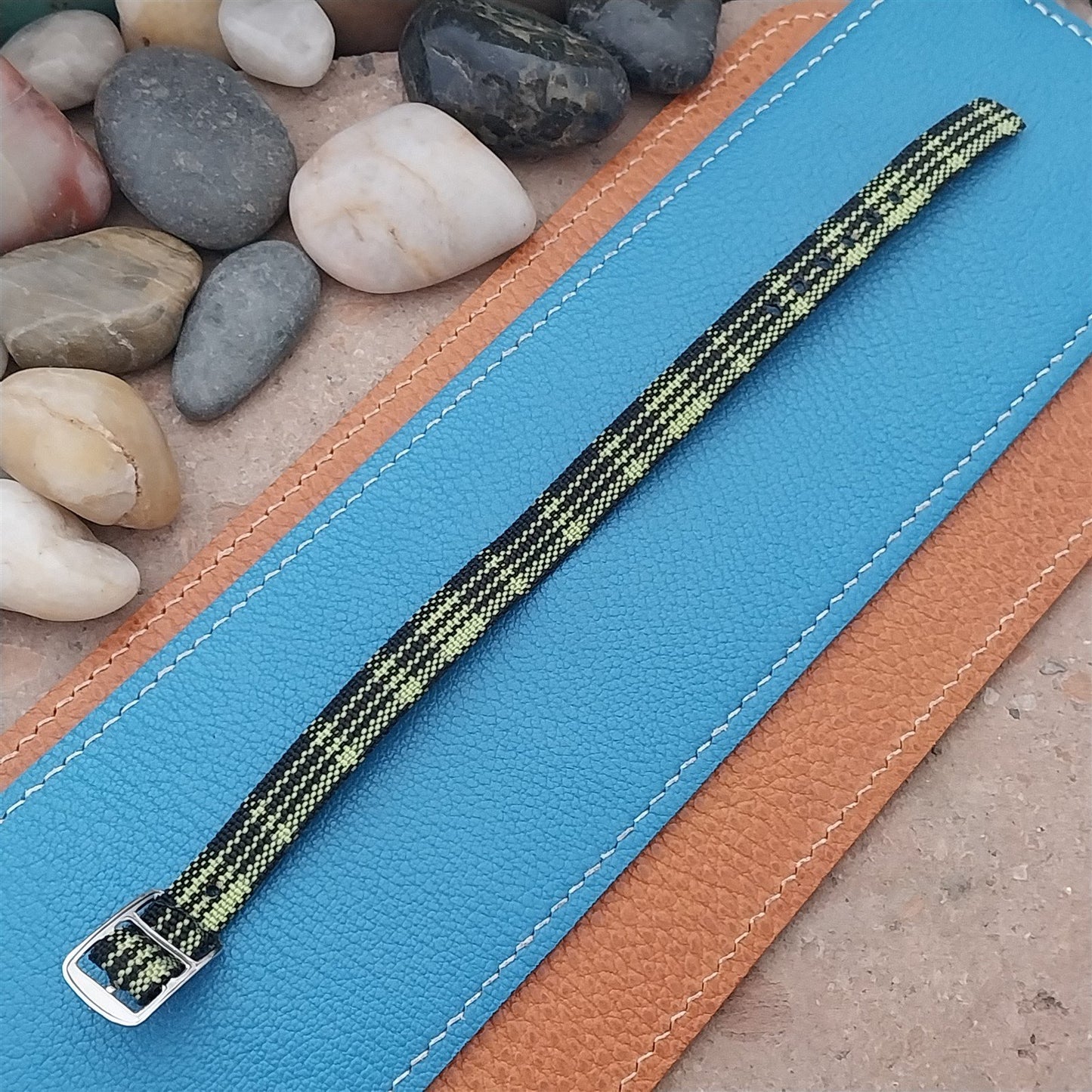 Vintage 10mm Ladies Madras Plaid Black & Green 1960s Single Pass Watch Strap