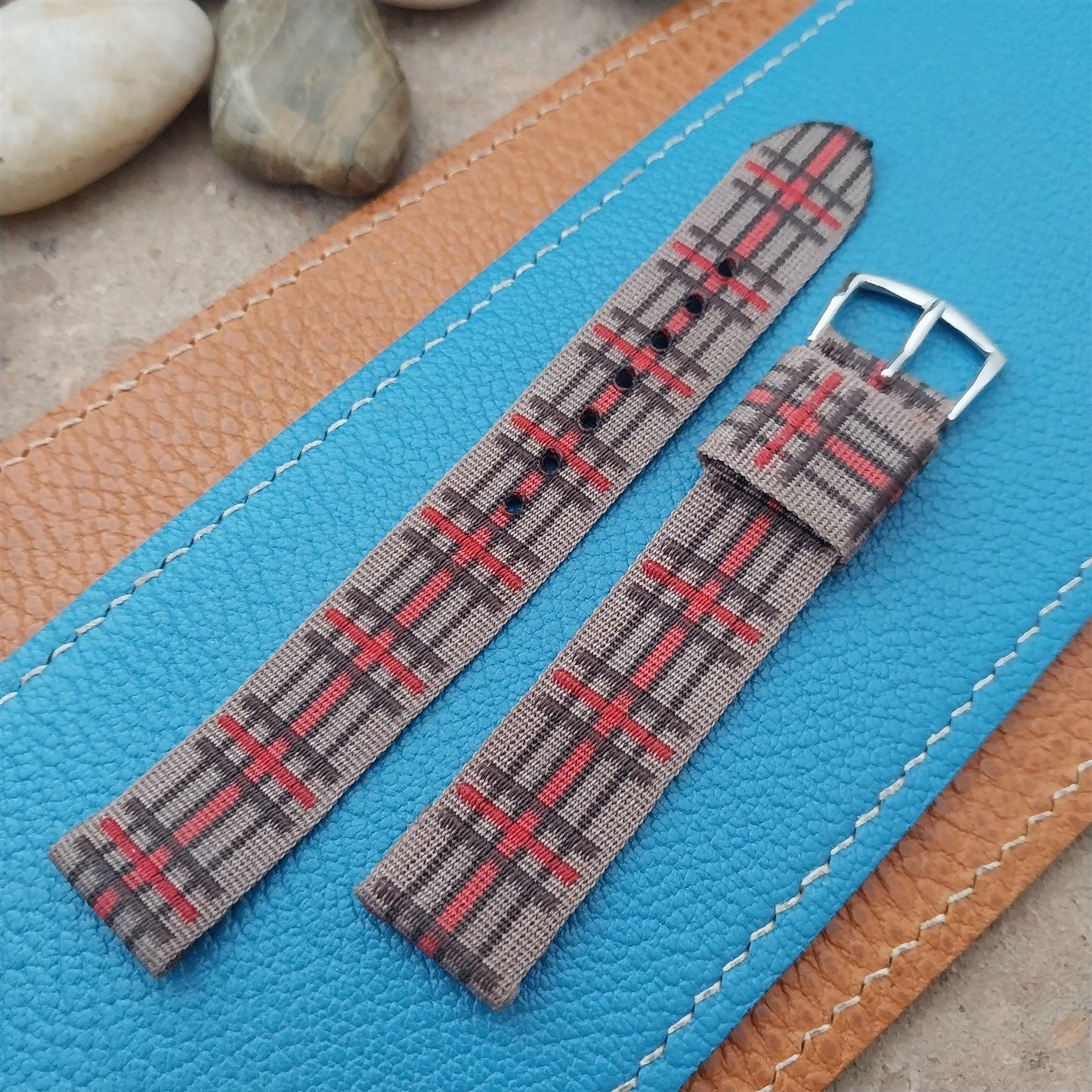16mm Brown & Red Madras Plaid Tropical Nylon Unused 1950s Vintage Watch Strap