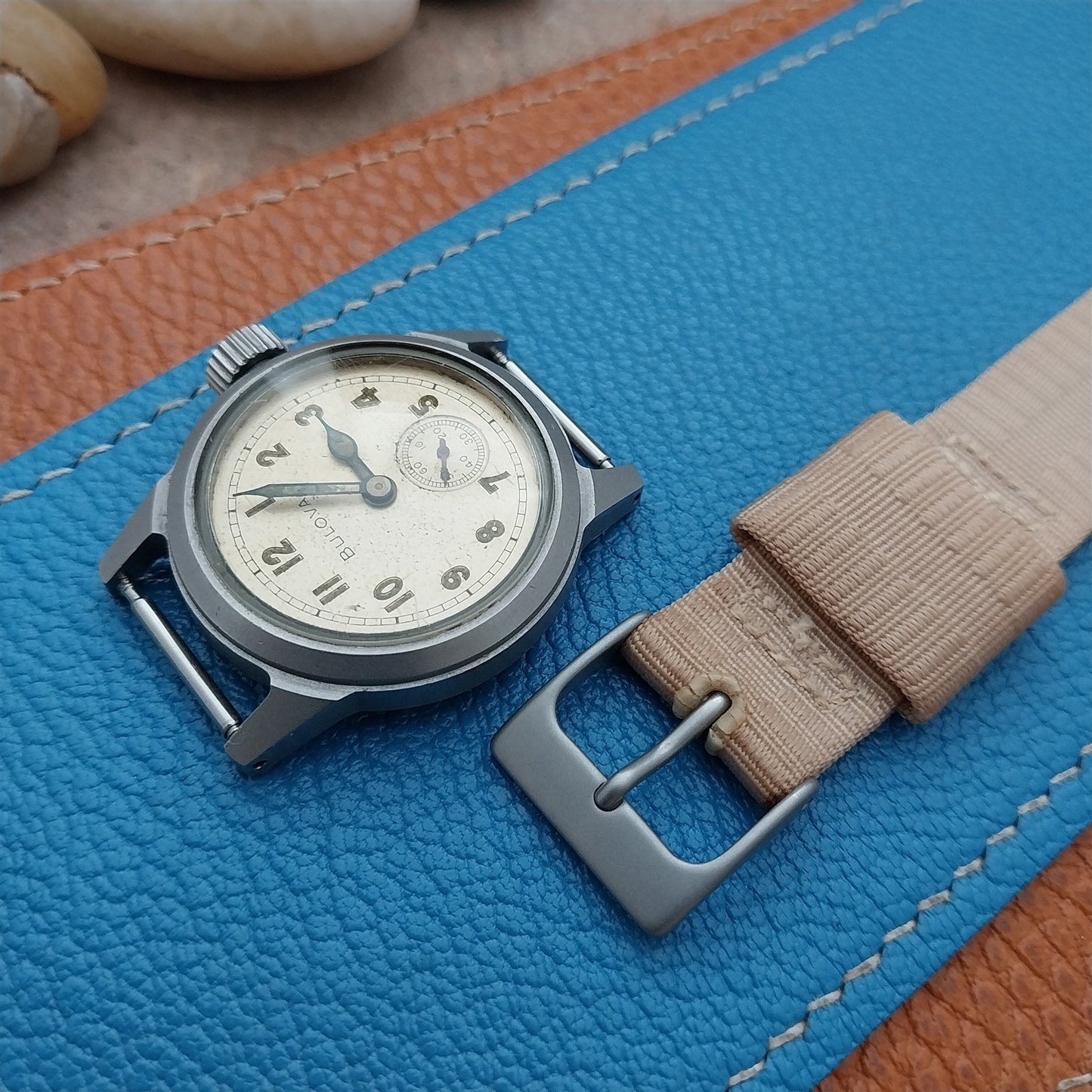 16mm Beige Nylon Single Pass Unused Vintage Watch Strap & Bead Blasted Buckle