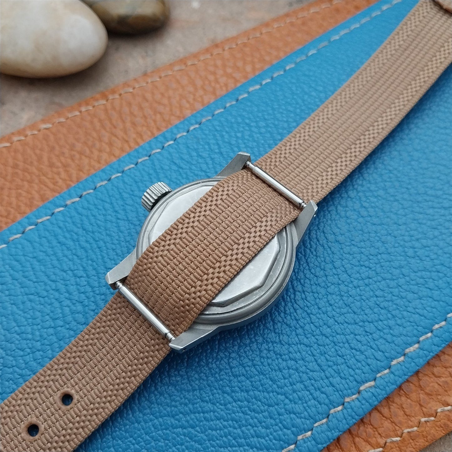 16mm Beige Nylon Single Pass Unused Vintage Watch Strap & Bead Blasted Buckle