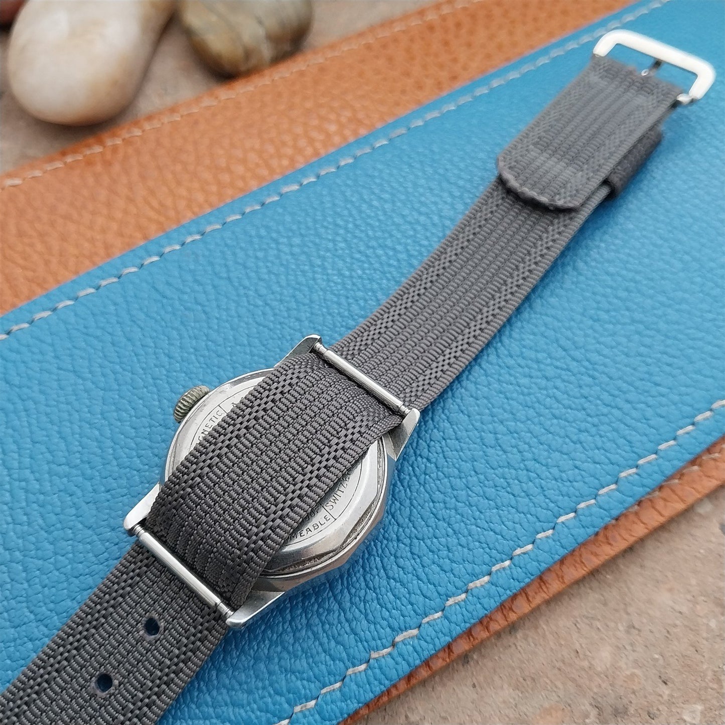 Vintage 16mm Gray Ribbed Nylon Single-Pass Short NOS Classic 1950s Watch Strap