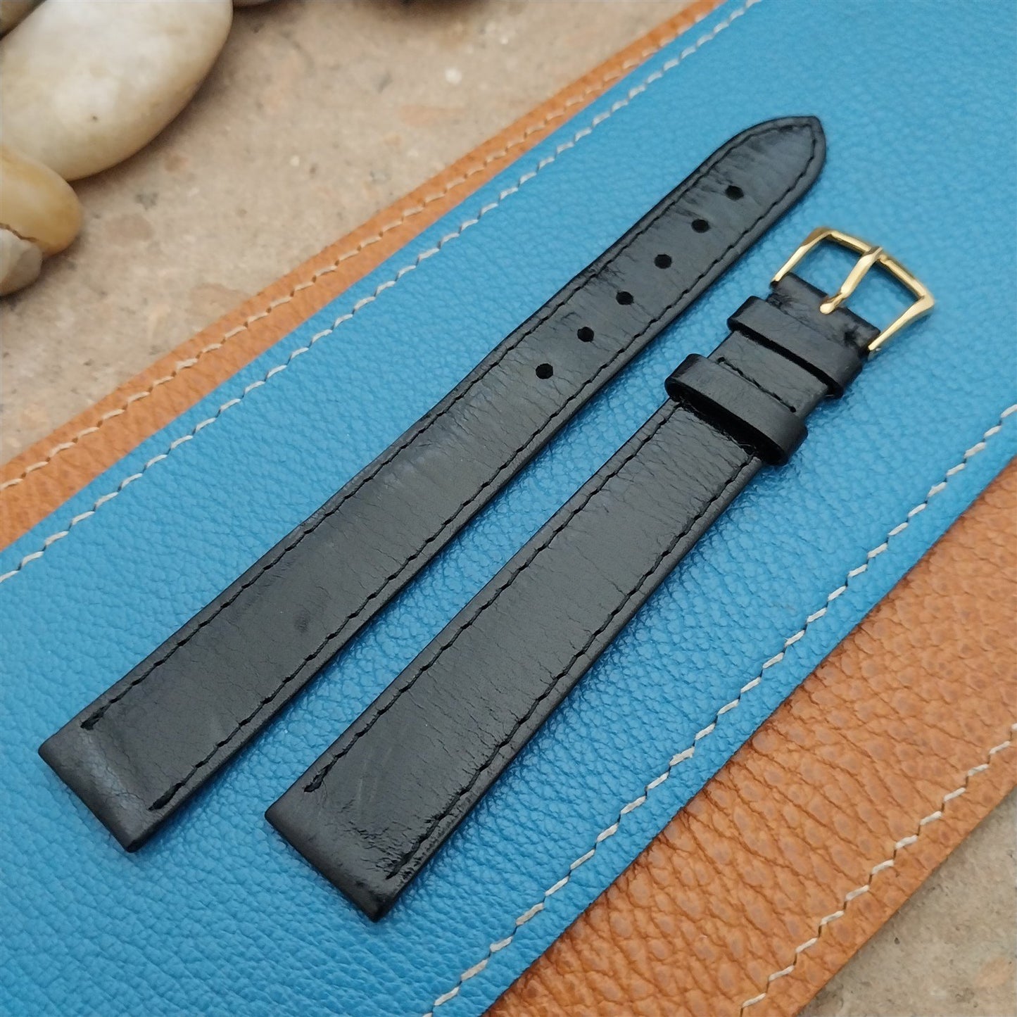 Vintage 16mm Black Buffalo Leather Downing Italy Long Classic 1960s Watch Strap