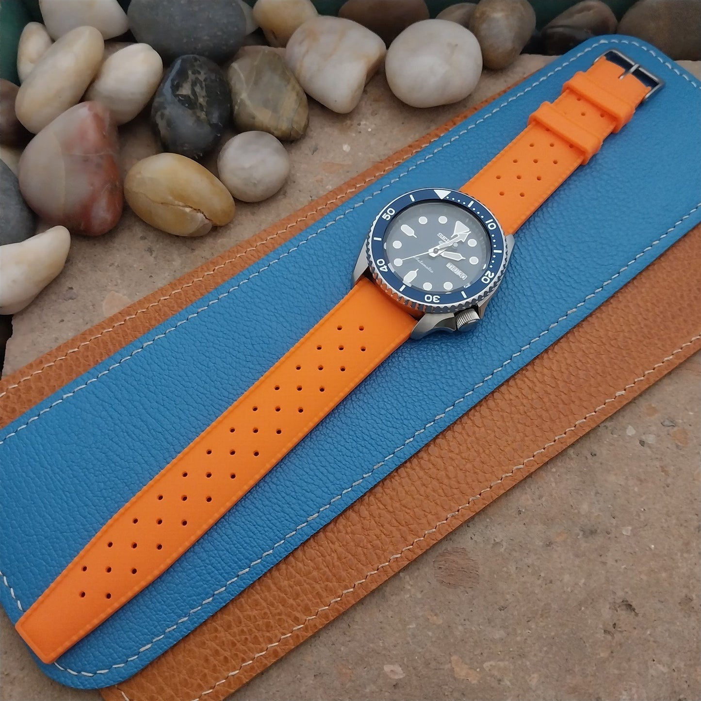 22mm FKM Tropical Orange Divers Watch Strap QR Spring Bars & Bead Blasted Buckle