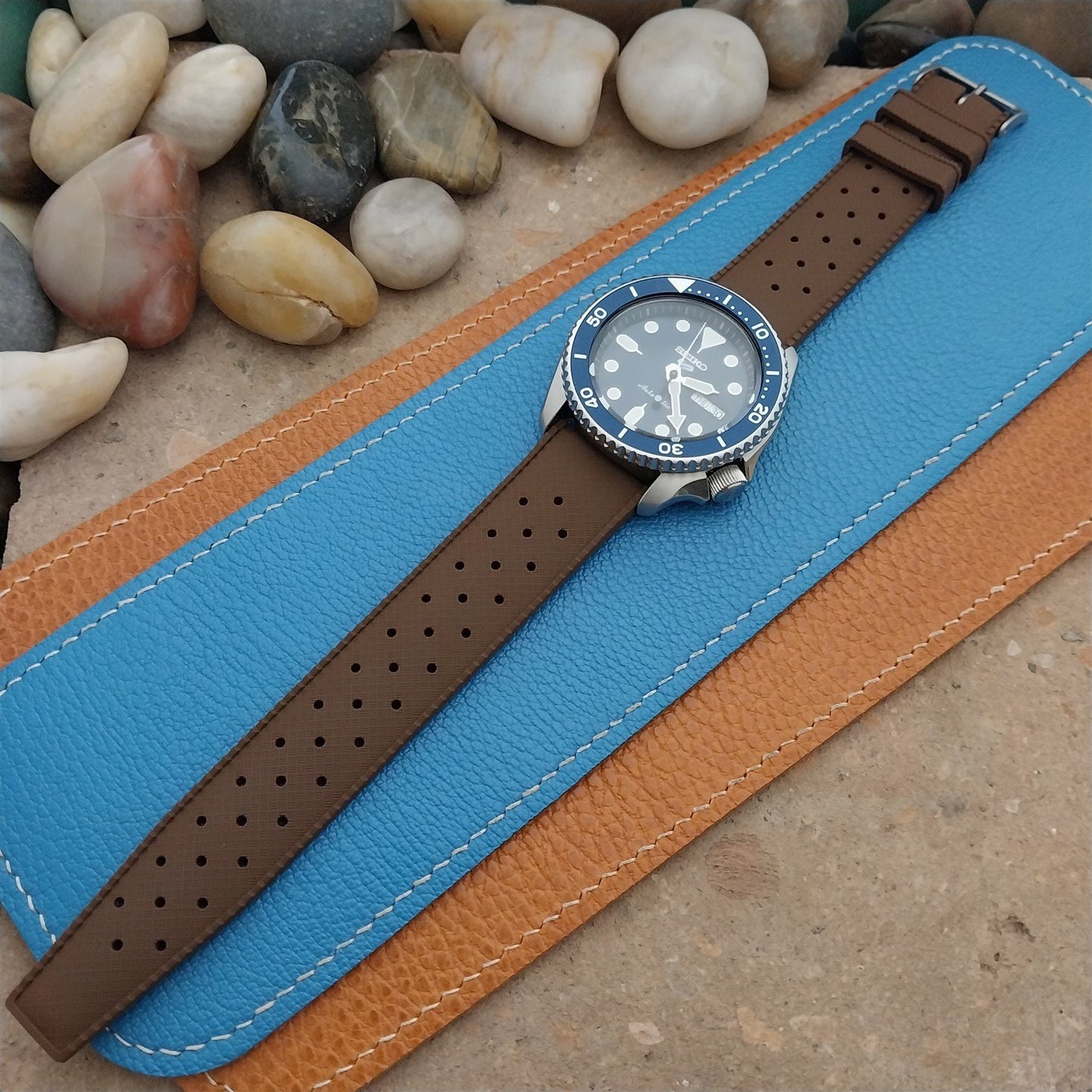 22mm FKM Tropical Brown Divers Watch Strap QR Spring Bars & Bead Blasted Buckle