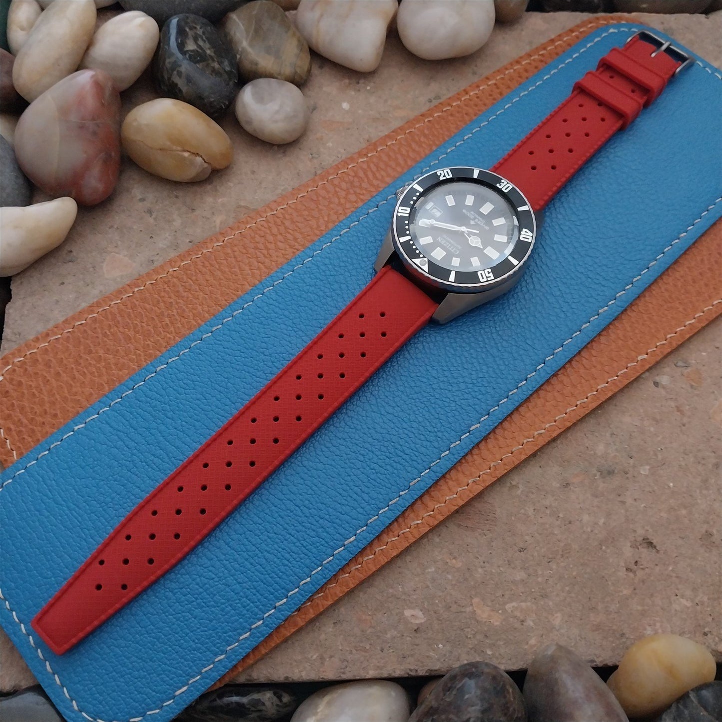20mm FKM Red Tropical Divers Watch Strap QR Spring Bars & Bead Blasted Buckle