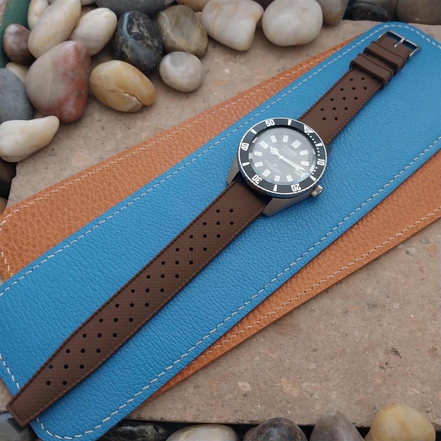 20mm FKM Brown Tropical Divers Watch Strap QR Spring Bars & Bead Blasted Buckle