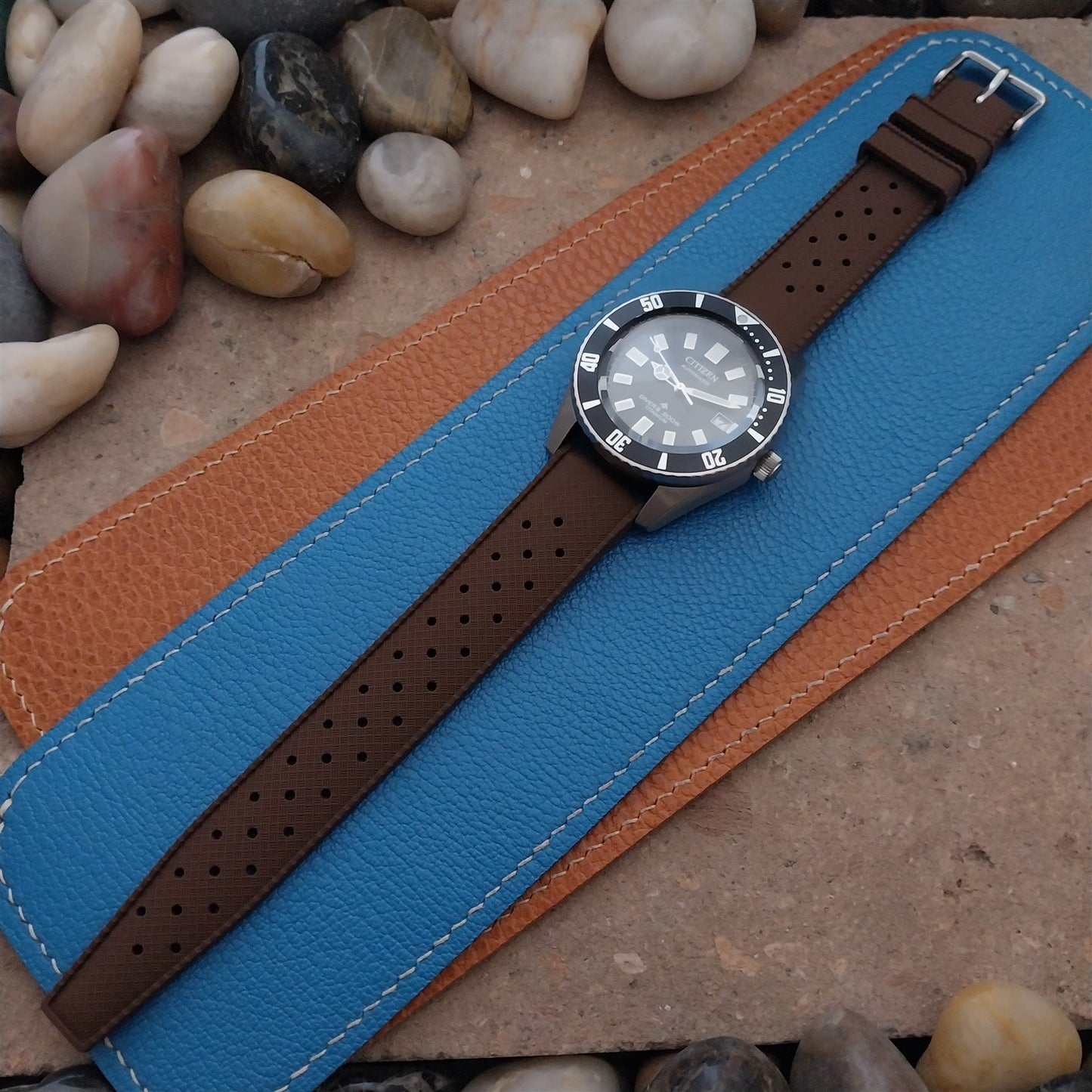 20mm FKM Brown Tropical Divers Watch Strap QR Spring Bars & Polished Buckle