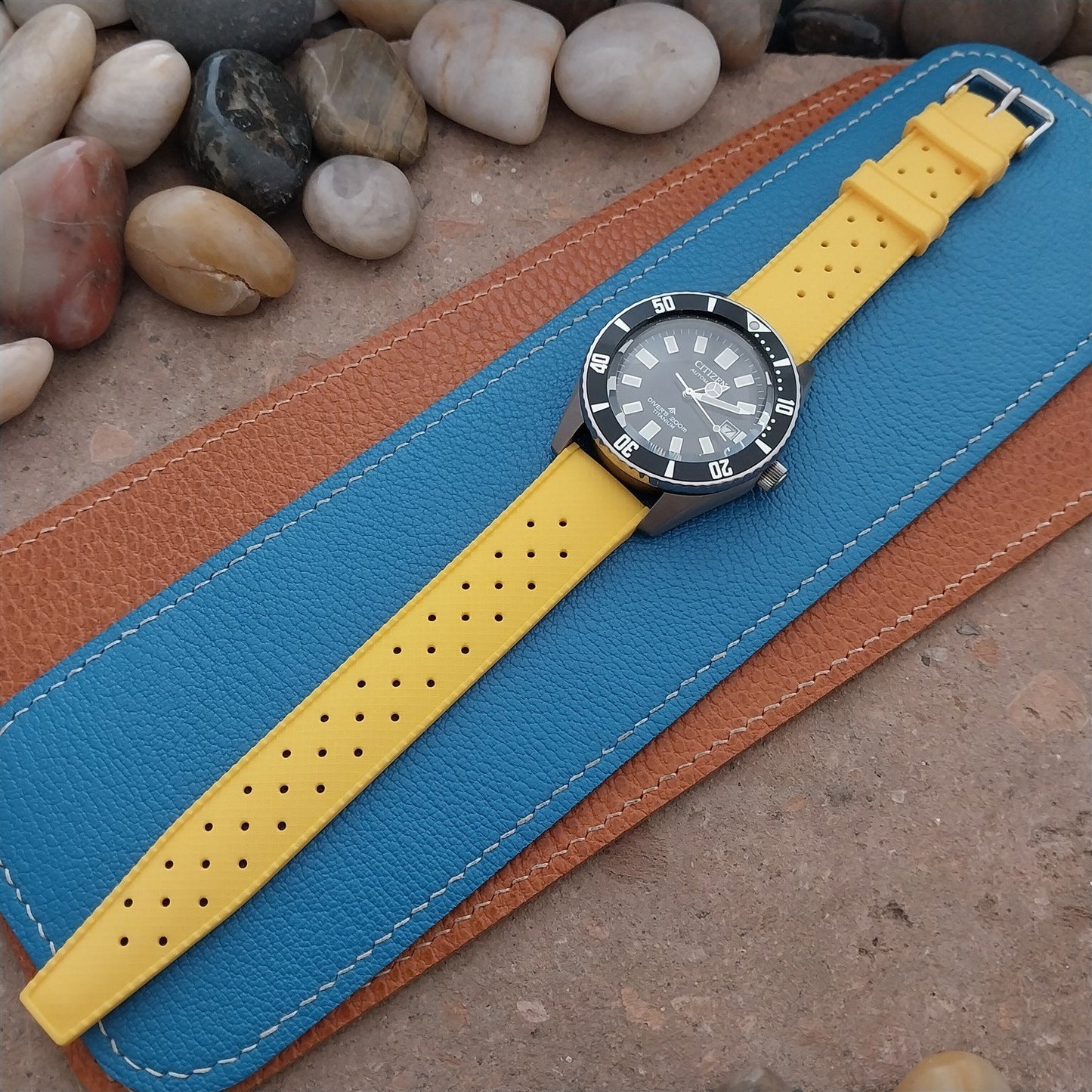 20mm FKM Yellow Tropical Divers Watch Strap QR Spring Bars & Polished Buckle