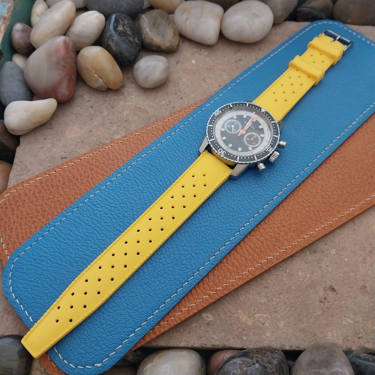 20mm FKM Yellow Tropical Divers Watch Strap QR Spring Bars Polished Buckle