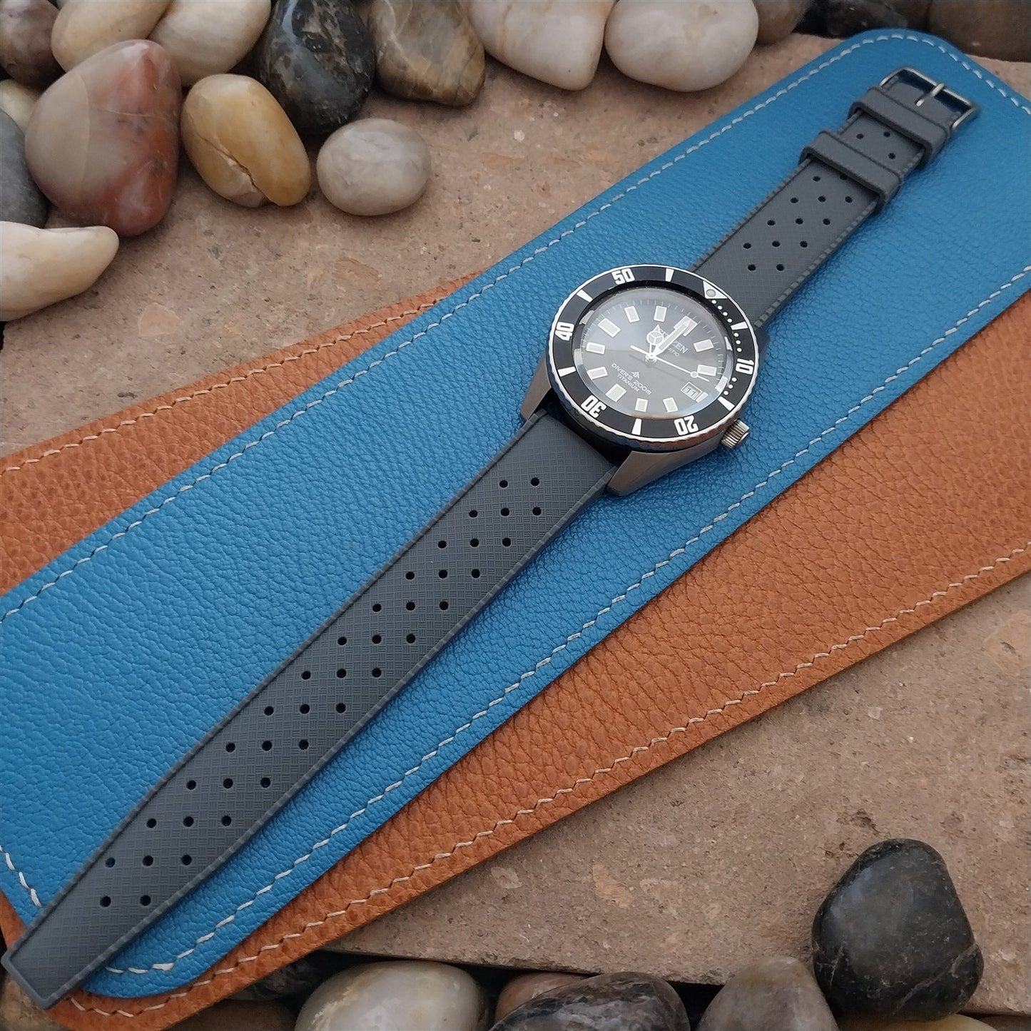 20mm FKM Gray Tropical Divers Watch Strap QR Spring Bars Bead Blasted Buckle