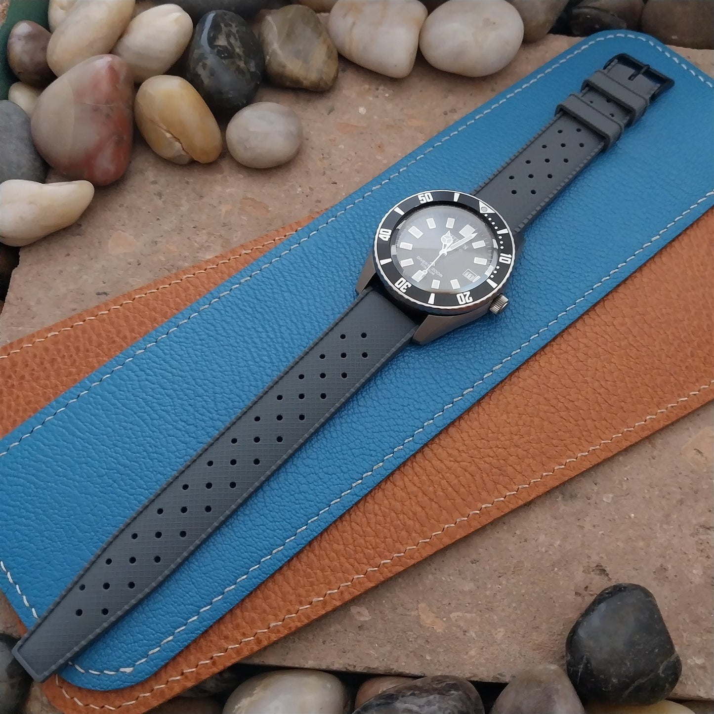 20mm FKM Gray Tropical Divers Watch Strap QR Spring Bars Black Stainless Buckle