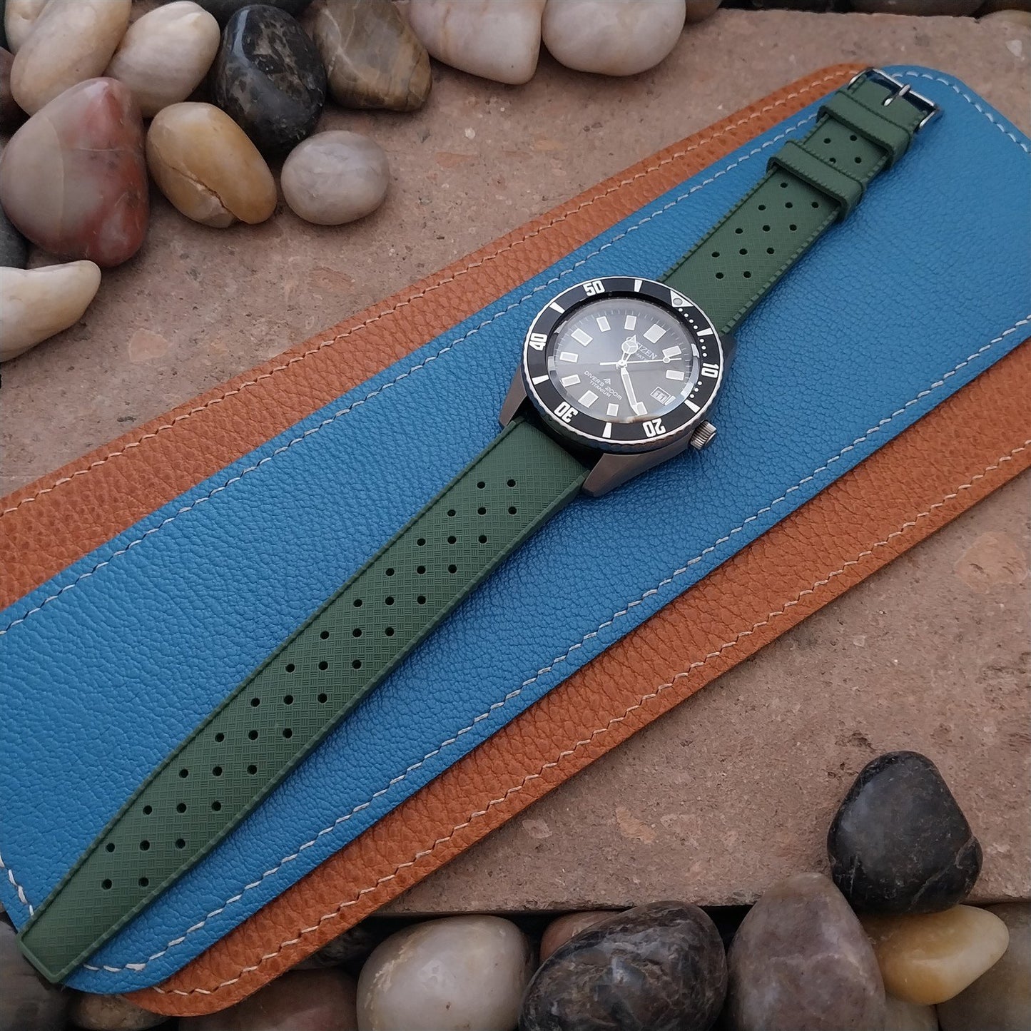 20mm FKM Green Tropical Divers Watch Strap QR Spring Bars Polished Buckle