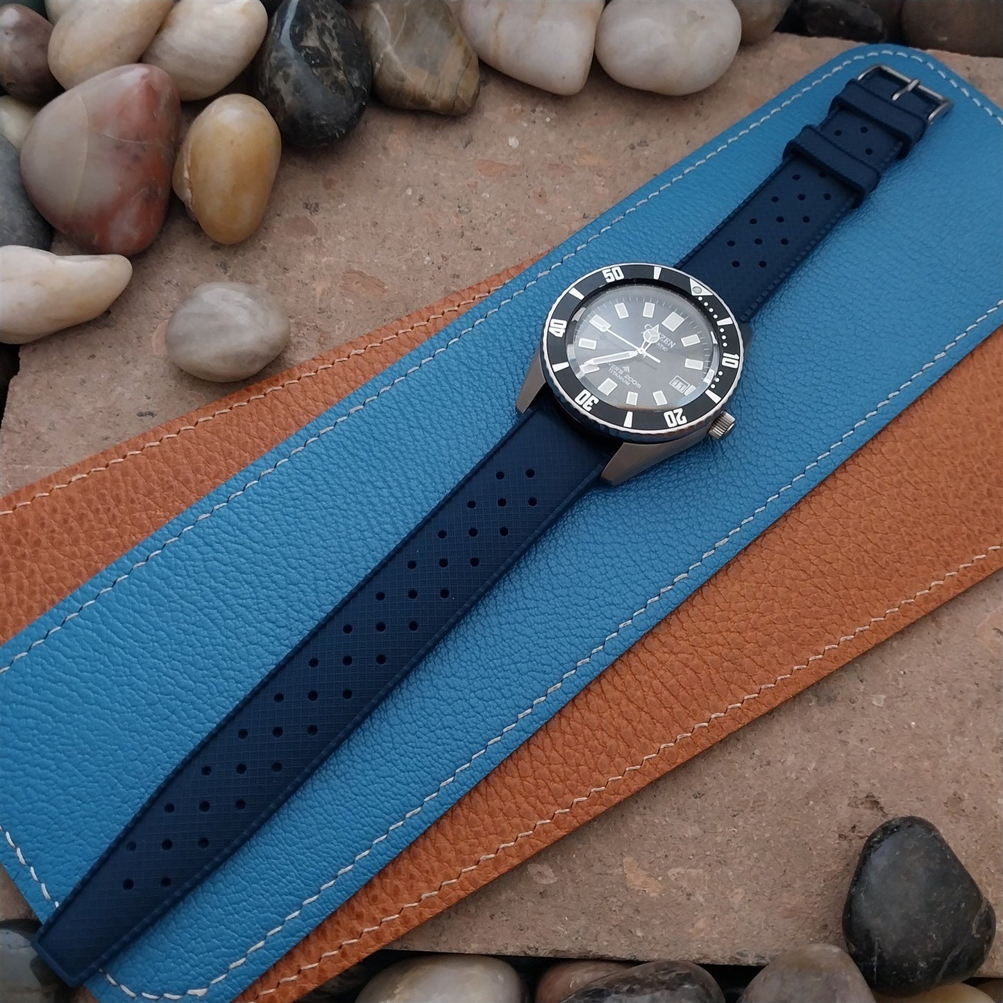 20mm FKM Blue Tropical Divers Watch Strap QR Spring Bars Bead Blasted Buckle