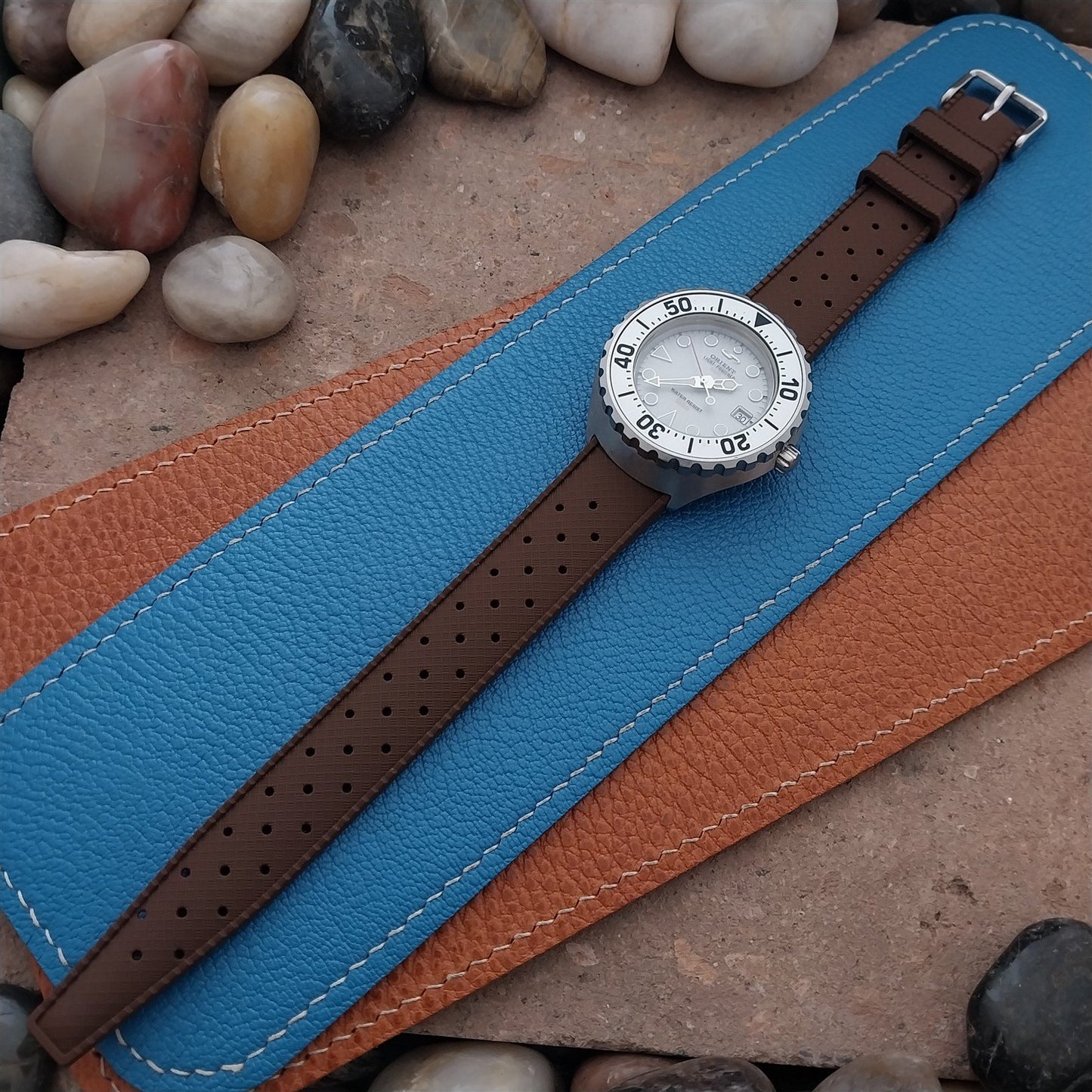 18mm FKM Brown Tropical Divers Watch Strap QR Spring Bars Polished Buckle