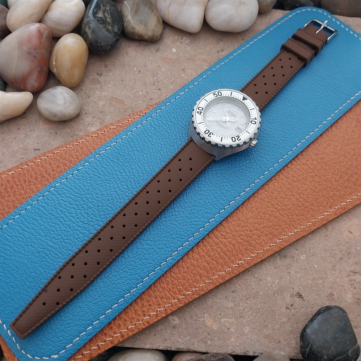 18mm FKM Brown Tropical Divers Watch Strap QR Spring Bars Polished Buckle