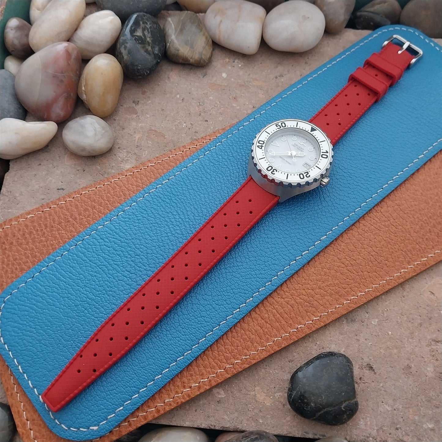 18mm FKM Red Tropical Divers Watch Strap QR Spring Bars Polished Buckle